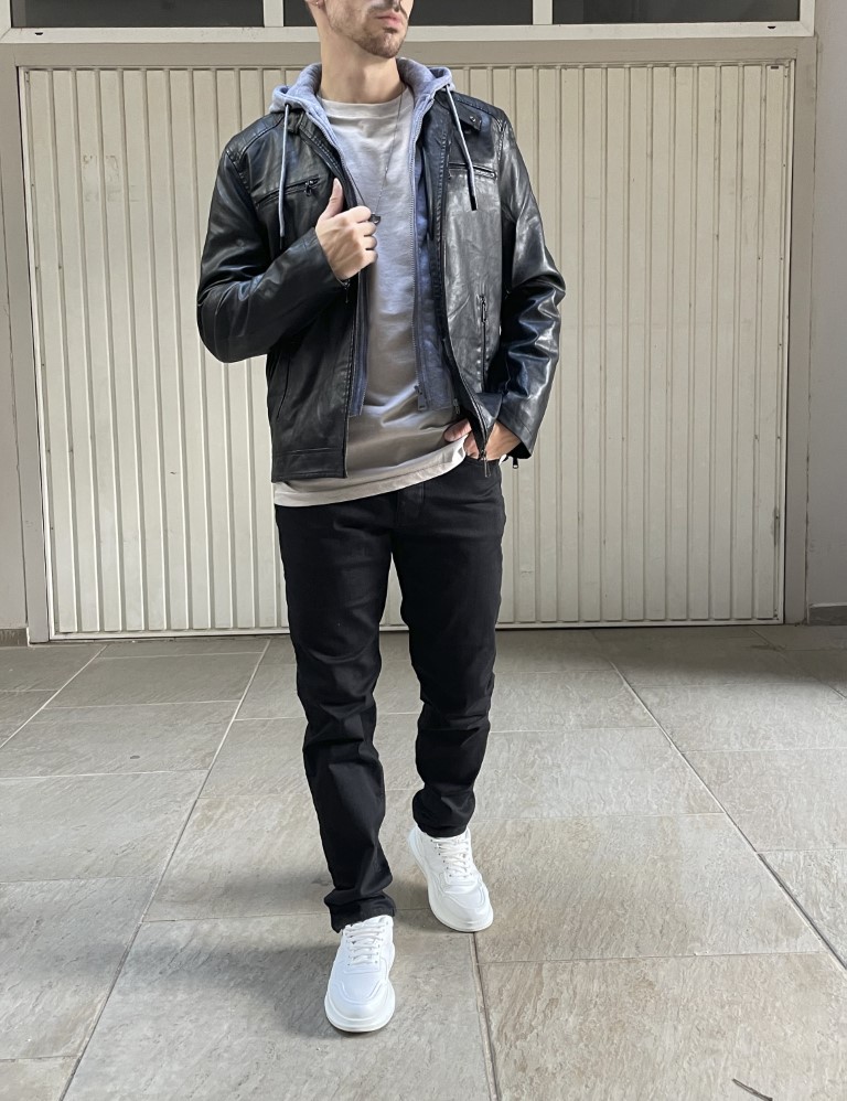 Ανδρικό μαύρο μπουφάν δερματίνη με αποσπώμενη κουκούλα και γούνινη επένδυση BDG8671 φωτογραφία